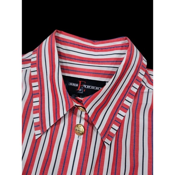 Vintage 90s Escada Sport Shirt Womens M Striped Gold Logo Buttons Pockets Blouse - Picture 11 of 13